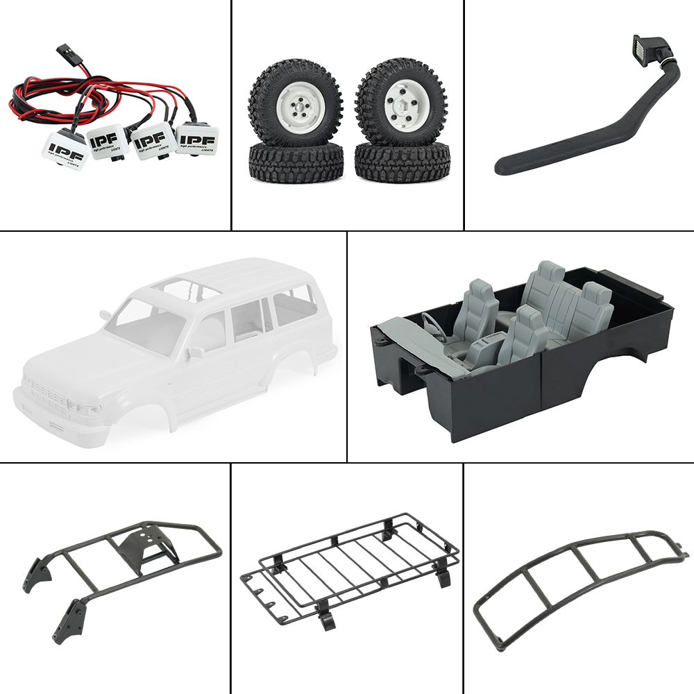 Rc Hobby Grade Crawler - 1/10 rcクローラーscx10trx4用lc80ハードボディマウントルーフラックインテリアテールラダースペアホイールキャリアシュノーケルledランプ